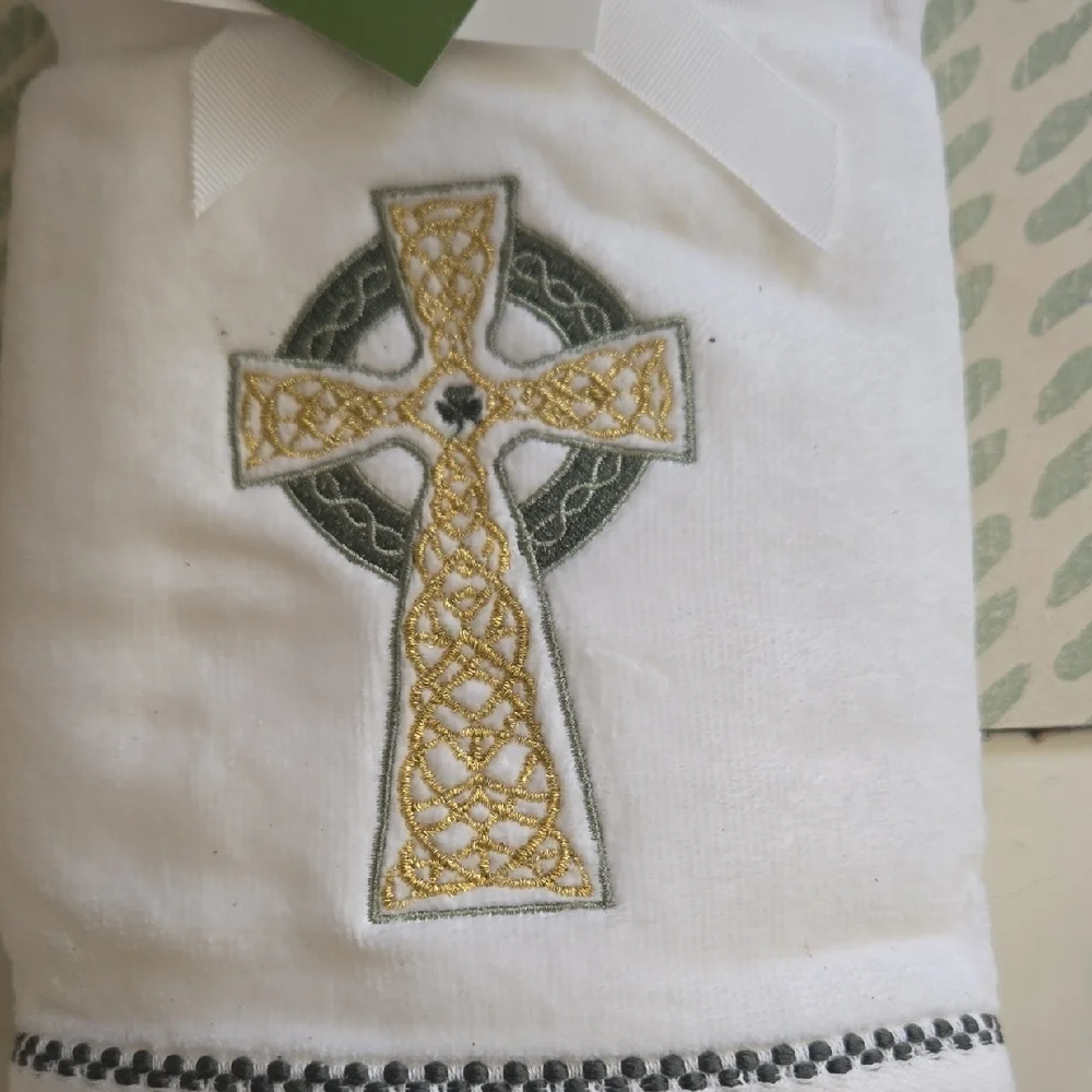 White Tee with Gold and Dark Green Embroidered Celtic Cross